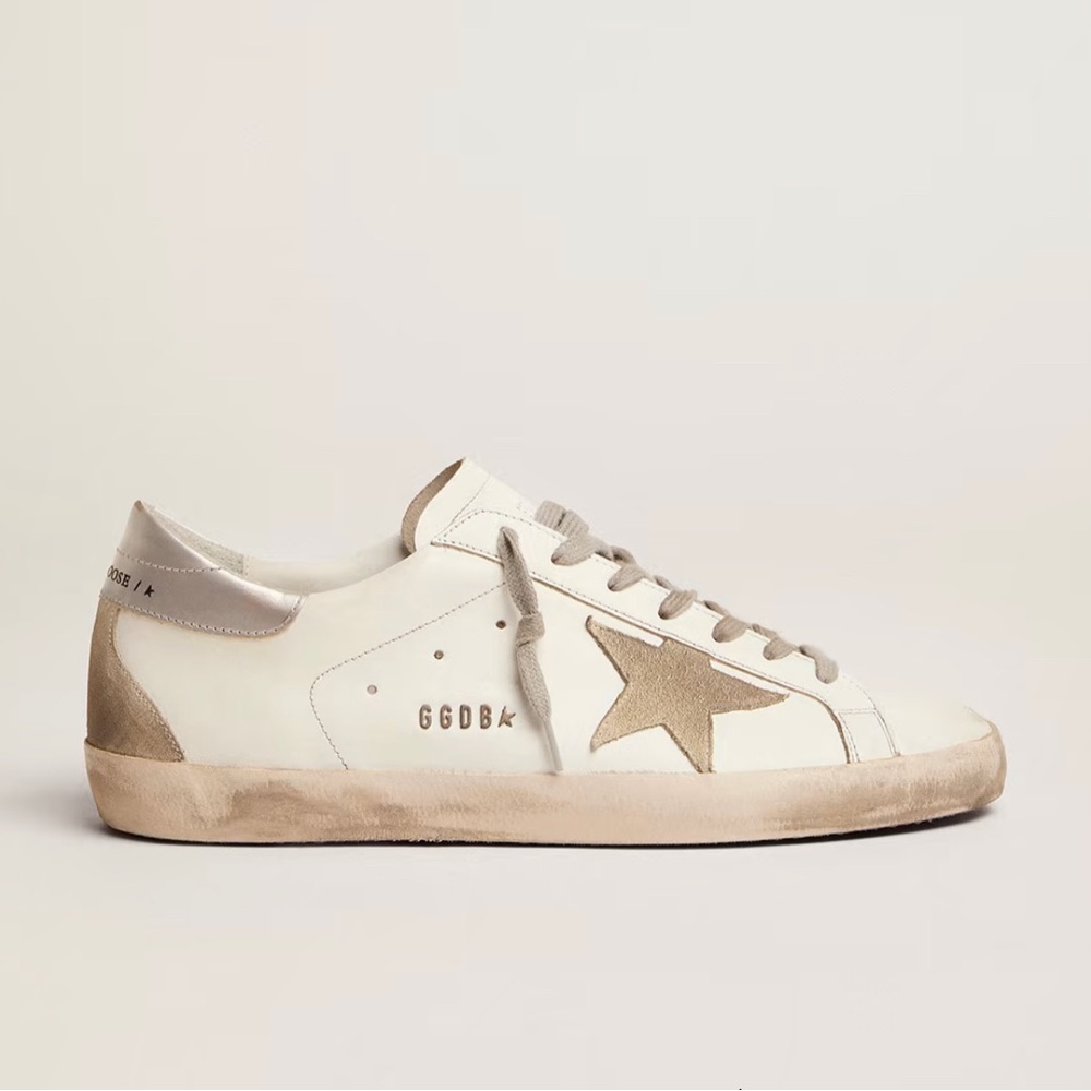 Men's Golden Goose Super-Star with silver heel tab and lettering; Size 42